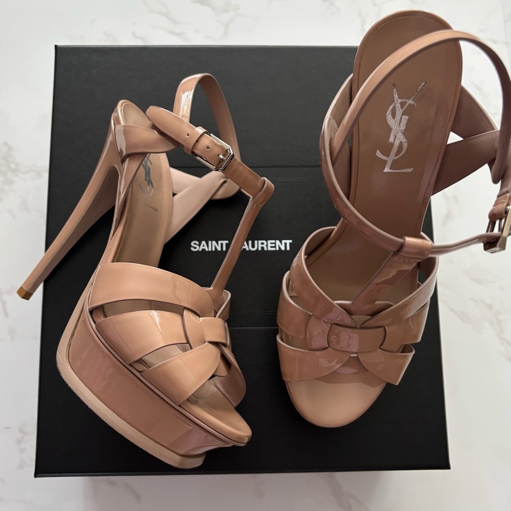 Saint Laurent Tribute Platform Sandals Patent Leather in Dark Pink size 37